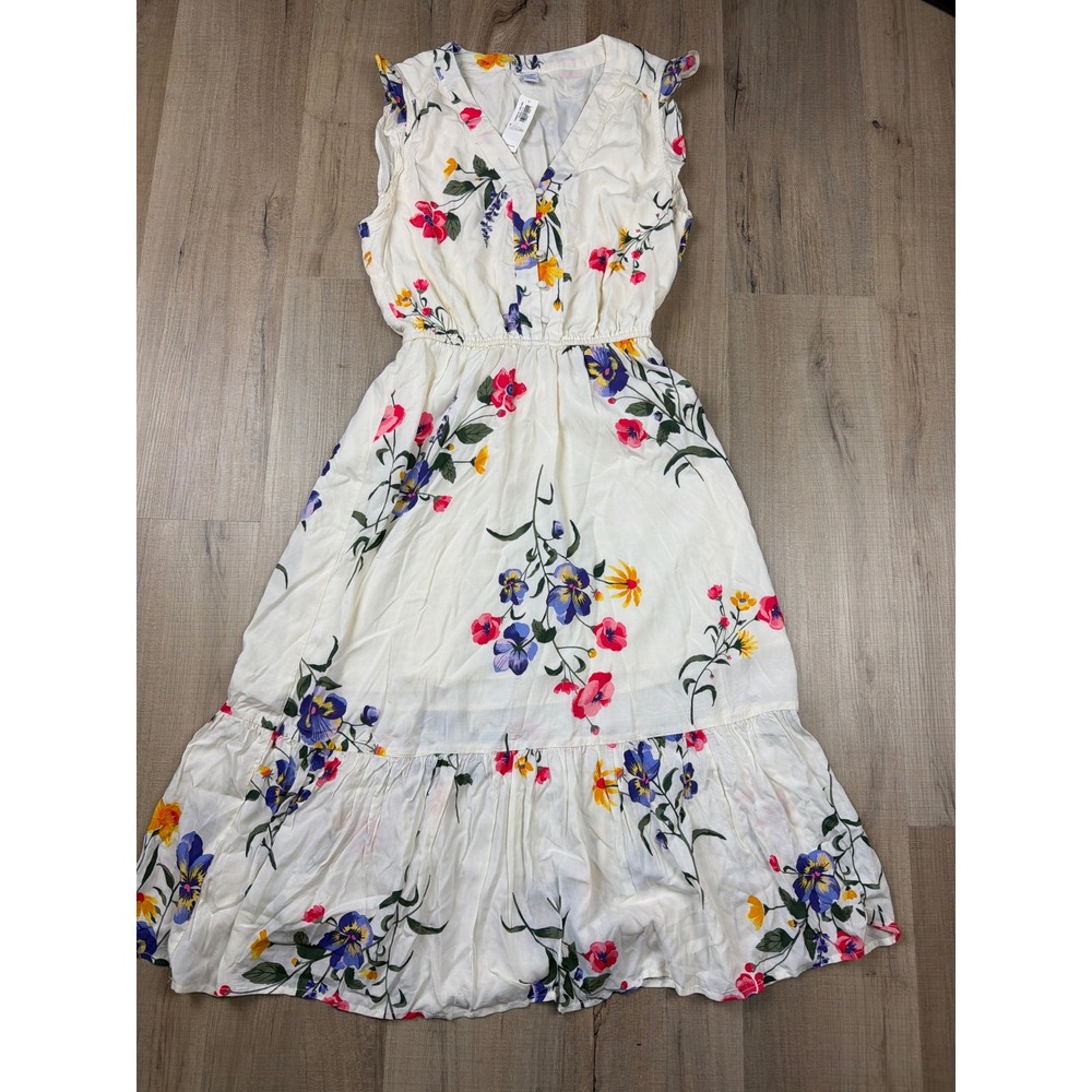 Old Navy White Floral Prairie‎ Waist Midi Dress Sleeveless Ruffle V-Neck S NWT